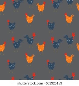 pattern. Cute and funny colorful farm rooster, chicken, cock, cockerel, cartoon vector illustration isolated on white background. 