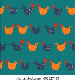pattern. Cute and funny colorful farm rooster, chicken, cock, cockerel, cartoon vector illustration isolated on white background. 