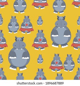 Pattern of cute funny hippos characters. vector illustration.