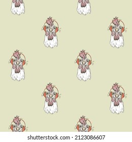 Pattern with cute funny roosters listening music by the headphones, hand drawn cartoon vector background