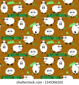  pattern with cute funny sheep and wild grass on a brown background. Funny lambs jump and sit on a grass glade. Vector illustration in flat design.