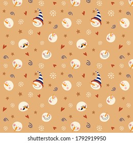 Pattern with cute and funny snowman faces. For winter holidays. Can be used for background, wrapping paper, scrapbooking, card making, wallpaper, fabric, textile, etc.