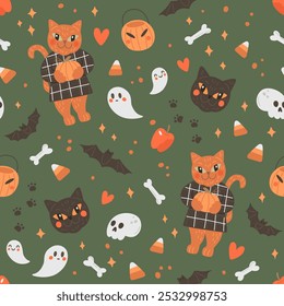 Padrão com gato gengibre bonito e elementos de Halloween - fantasmas, crânio, ossos, morcegos. Textura sem emenda de outono. Ilustração vetor de Halloween do gatinho com abóbora. Feliz Dia das Bruxas