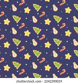 Pattern with cute gingerbread in the form of a Christmas tree, candy, stars, a snowman and snowflakes