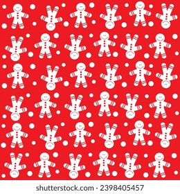 Pattern cute gingerbread men on a red background with snow. Christmas print, textile, background, vector