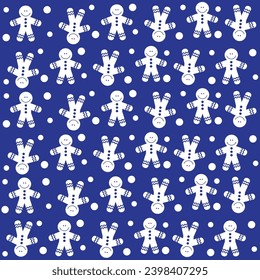 Pattern cute gingerbread men on a blue background with snow. Christmas print, textile, background, vector