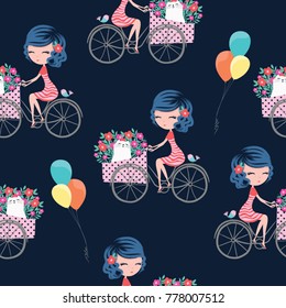 Patrón tierno en bicicleta, flores adorables, gato romántico, globos coloridos, pájaro dulce, puntos. Dibujo de camisetas, personaje de dibujos animados para niños, ropa para niños, chica, letra de moda. 