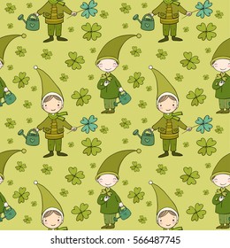 Pattern with cute gnomes. Clover and watering. Vector illustration for children design.