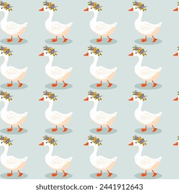 Pattern cute goose in a wreath of flowers, sunflower, flowers, in kawaii style, vector illustration
