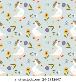 Pattern cute goose in a wreath of flowers, sunflower, flowers, in kawaii style, vector illustration

