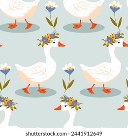 Pattern cute goose in a wreath of flowers, sunflower, flowers, in kawaii style, vector illustration
