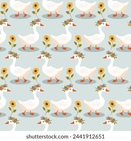 Muster niedliche Gans in einem Kranz von Blumen, Sonnenblume, Blumen, im Kawaii-Stil, Vektor-Illustration
