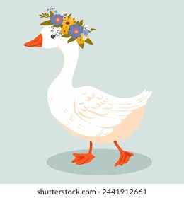 Pattern cute goose in a wreath of flowers, sunflower, flowers, in kawaii style, vector illustration
