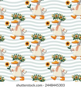 Pattern cute goose in a wreath of flowers, embroidery, shirt, goes, in kawaii style, vector illustration