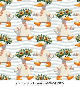 Pattern cute goose in a wreath of flowers, embroidery, shirt, goes, in kawaii style, vector illustration