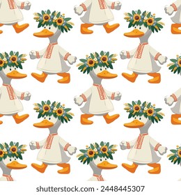 Pattern cute goose in a wreath of flowers, embroidery, shirt, goes, in kawaii style, vector illustration