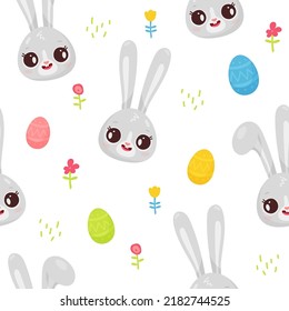 Pattern with cute gray bunny, hare, rabbit with big eyes, ears, eggs and flowers, symbol of new 2023 year on white background. Vector illustration for postcard, banner, web, design, arts, calendar.