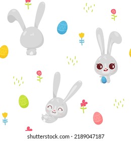 Pattern with cute gray bunny, hare, rabbit with big eyes, ears, eggs and flowers, symbol of new 2023 year on white background. Vector illustration for postcard, banner, web, design, arts, calendar.