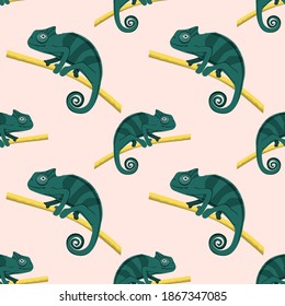 Pattern of cute green chameleons walking on tree branch,  vector illustration. 
