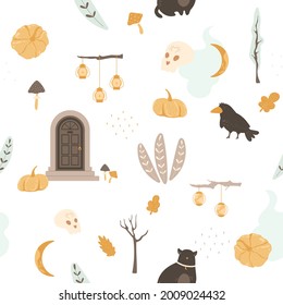 Pattern with cute Halloween elements, cute black cat, raven, skull with tattoo, lanterns on branch. Ancient mystic door, pumpkin, leaves, trees. Trendy cool illustration in pastel colors with line art