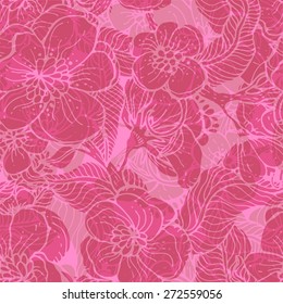 Pattern of cute hand drawn retro pink flowers . Flowers in grunge style. Pattern for decoration, banners and flayers.
