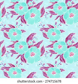 Pattern of cute hand drawn retro flowers. The pattern of flowers painted by hand. In turquoise , burgundy and pink colors. Beautiful and refreshing, stylish design.