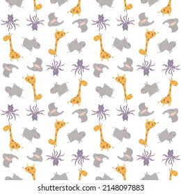 Pattern of cute hand-drawn animals. Giraffe, hippopotamus, octopus. Cartoon characters on a pattern for textile, fabric, wallpaper.

