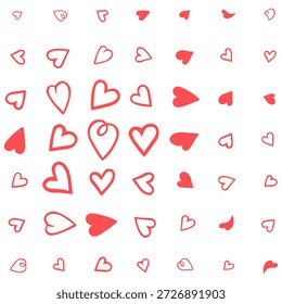 Muster mit süßen handgezeichneten roten Herzen auf weißem Hintergrund. Kreatives minimalistisches Design für Valentinstag Geschenkpapier, Hochzeitstextilien, romantische Tapeten und festliche digitale Hintergründe