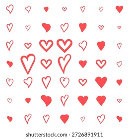 Muster mit süßen handgezeichneten roten Herzen auf weißem Hintergrund. Kreatives minimalistisches Design für Valentinstag Geschenkpapier, Hochzeitstextilien, romantische Tapeten und festliche digitale Hintergründe