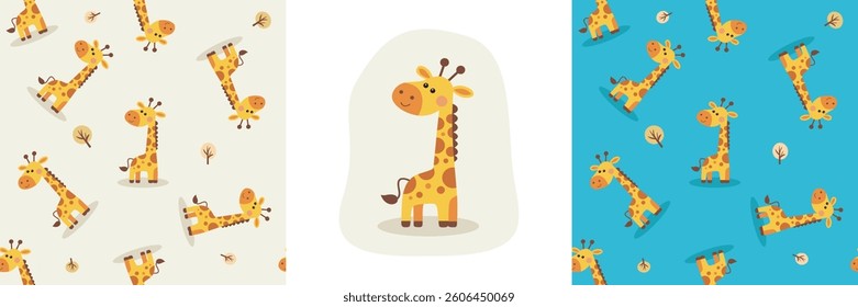 Сhildish pattern with cute happy Giraffe, kids print. Animal seamless background, cute vector texture for kids bedding, fabric, wallpaper, wrapping paper, textile, t-shirt print