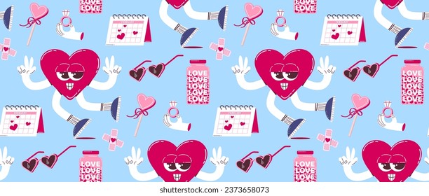 Pattern with cute heart character and other elements in retro cartoon style. Vector background for Valentine's Day.