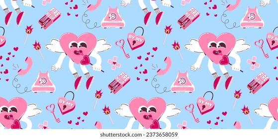 Pattern with cute heart characters, old phone, heart-shaped lock and key in retro cartoon style. Vector background for Valentine's Day.