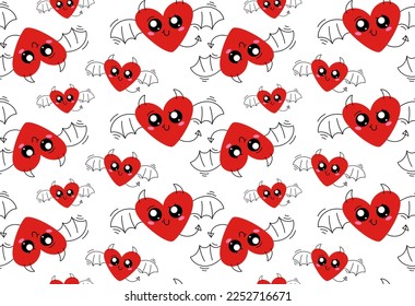 Pattern with a cute heart with devil horns and a tail on a white background. Festive background, valentine's day