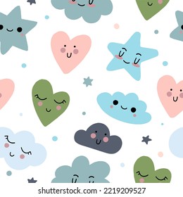 The pattern of cute hearts of stars and rainbows with kawaii eyes. For decoration of childrens rooms and holidays. Vector modern