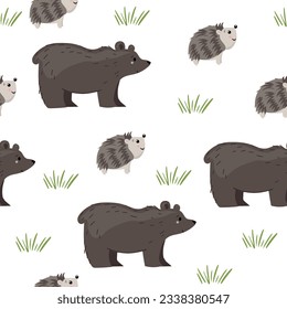 Pattern with cute hedgehog and bear. Perfect for printing, textiles, wrapping paper. Vector illustration 