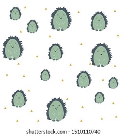 pattern of a cute hedgehog on a white background. For textiles, fabrics, packaging, boxes, cardboard, wrapping paper.
Hand drawn cartoon style. Vector