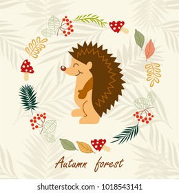 Pattern with cute hedgehog. Retro kids card with hedgehogs.  Autumn forest. 