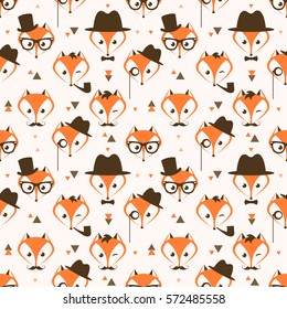 Pattern with cute hipster foxes and triangles