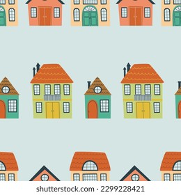 Pattern with cute houses for children's design. Hand drawn vector illustration.