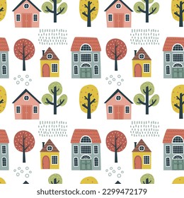Pattern with cute houses for children's design. Hand drawn vector illustration.