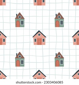 Pattern with cute houses for children's design. Hand drawn vector illustration.
