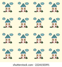 Pattern cute houses and clouds. cute hand drawn houses on a pattern for textiles, backgrounds, wallpapers, wrapping paper, fabrics.
