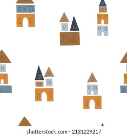 Pattern of cute houses made of children's toy blocks and multi-colored cubes on a white background. To decorate children's clothes and room