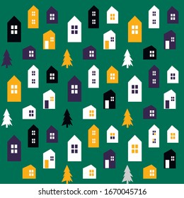 
Pattern with cute houses on a green background. For children's fabrics, clothes, wallpapers, pictures, pillows, carpets, backgrounds.