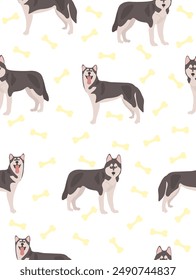 Pattern of cute husky with bone on white background.