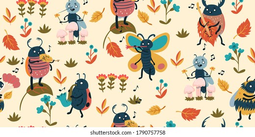 Pattern with cute insect musicians. Vector graphics.