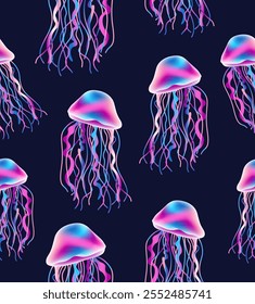 Pattern of cute jellyfish on a blue background.