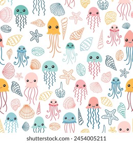 Pattern with cute jellyfish and shells. Multi-colored jellyfish in kawaii style. Marine pattern. Background for fabric, wrapping paper.
