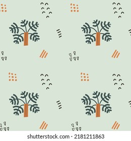 Pattern with cute jungle, tropical plants and decorations drawing in handdrawn style. Kids design for fabric, wrapping, textile, wallpaper, apparel. Vector illustration.
