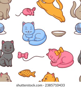 Pattern with cute kawaii cats. Fun animal background.